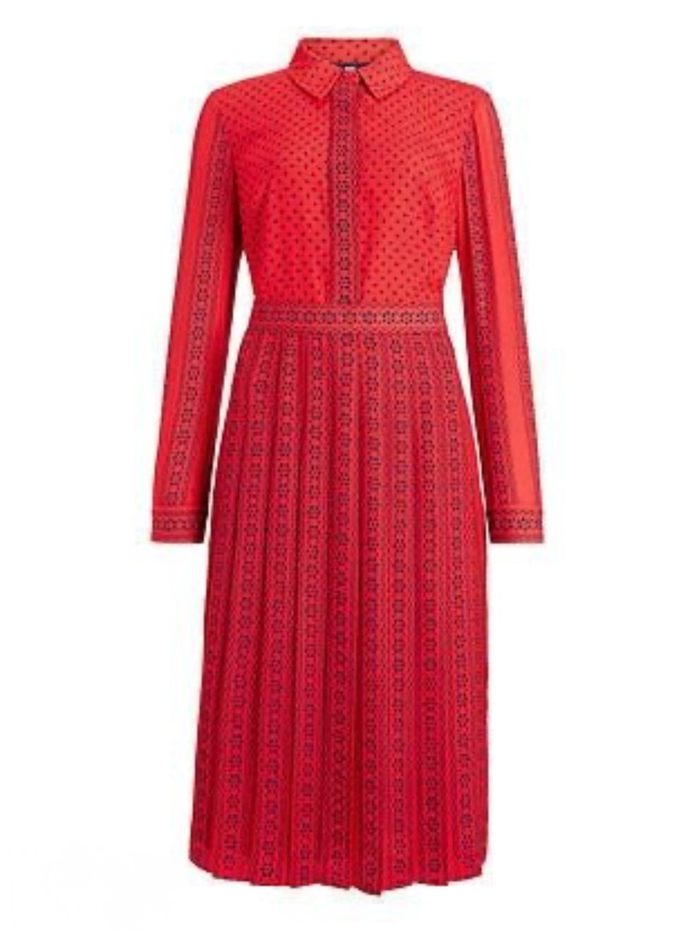 Boden Red Long-Sleeve Pleated Collared Dress